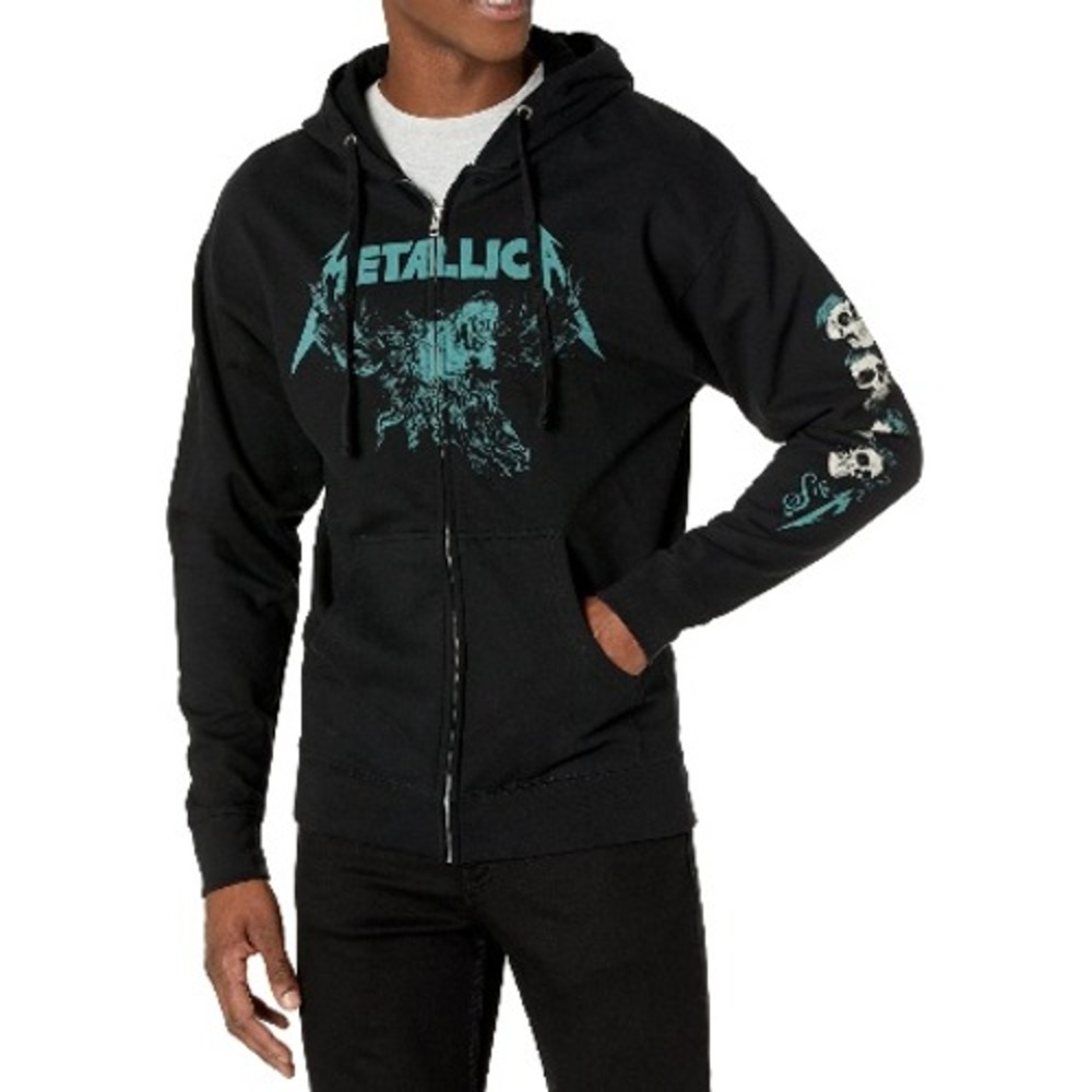 Metallica Graphic Zip Up Hoodie Mens Black Teal Skull Sleeve Print Sweatshirt‎